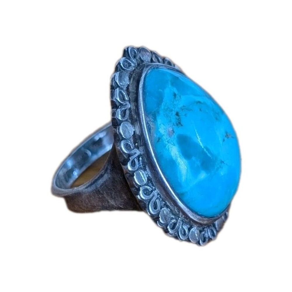 Navajo Turquoise Sterling Ring Large Stone Native American 6 Artist Cabochon